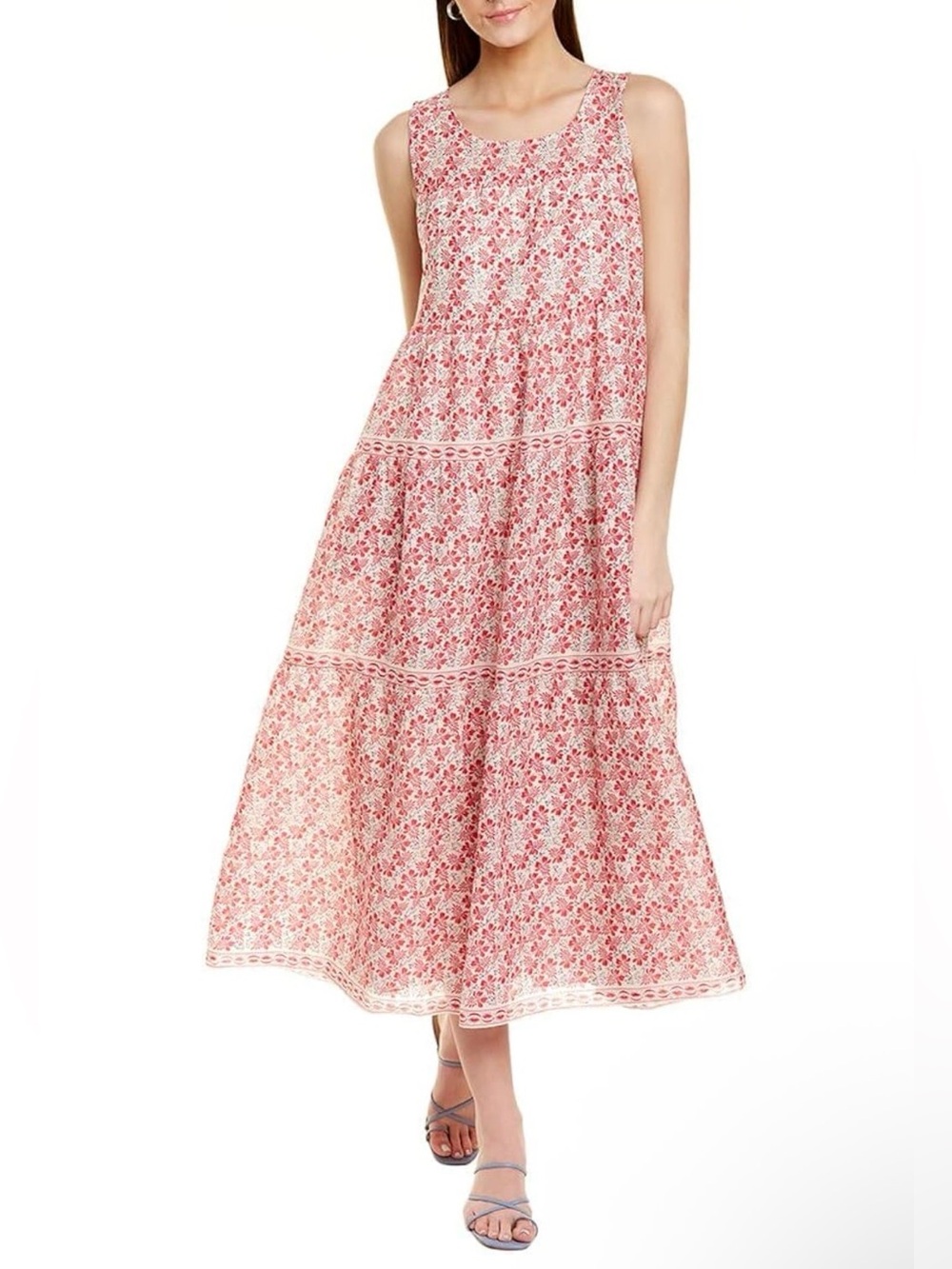 Max Studio Sleeveless Tiered Maxi Dress Birch Scarlet Pink Floral Women’s Size S